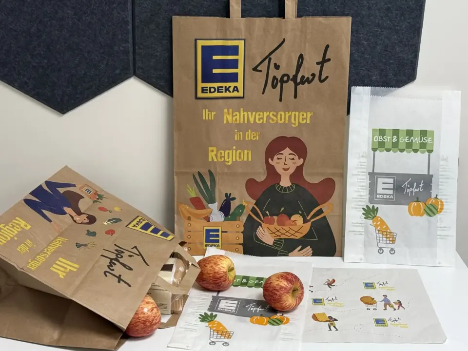 Druckerzeugnisse des Edeka Töpfert Hamburg – Tragetaschen, Käsepapier und Gemüsebeutel