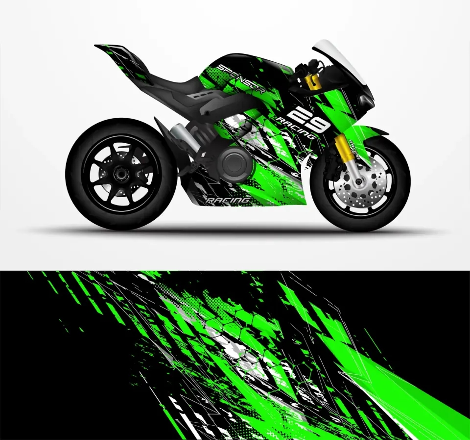 Green and black sports bike with racing paintwork, white fairing and gold-coloured brake cylinders in profile view