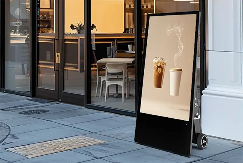 Digital Display vor Café mit Kaffee-Werbung